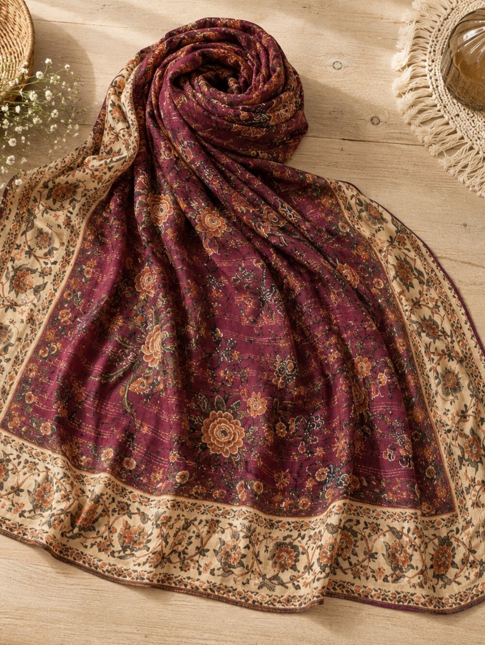Khaadi Burgundy Boho Floral Scarf Wrap Shawl Gold Metallic 95"L X 36" W